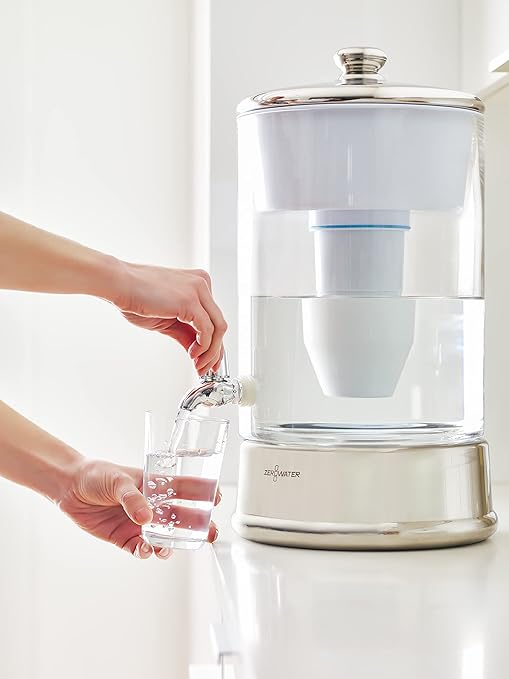 ZeroWater 40-Cup Ready-Pour 5-Stage Round Glass Water Filter Dispenser with 5-Stage 0 TDS Water Filter – IAPMO Certified to Reduce Lead, Chromium, and PFOA/PFOS
