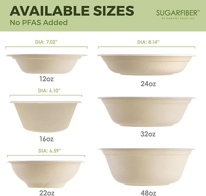 [1000 Count]Sugarfiber by Harvest 22oz Round Bowls PFAS Free with PLA coating - Compostable Heavy-Duty Eco-Friendly Disposable Bagasse Bowl Sugarcane made plant fibers for Meal Prep