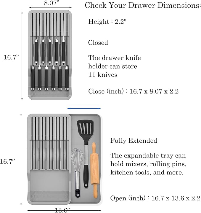 Knife Holder, In Drawer Knife Block Holder with Expandable Cutlery Tray Kitchen Drawer Organizer Insert-Holds 11 Knives for Save Space & Kitchen Safety (Drawer knife holder, Plastic)