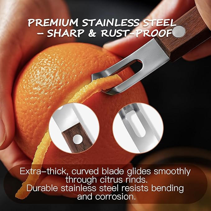 Channel Knife for Zesting Stainless Steel Bar Tool with Wood Handle, Curved Blade for Lemon/Orange Twists Cocktail Garnish Tool for Bartenders & Home Mixologists