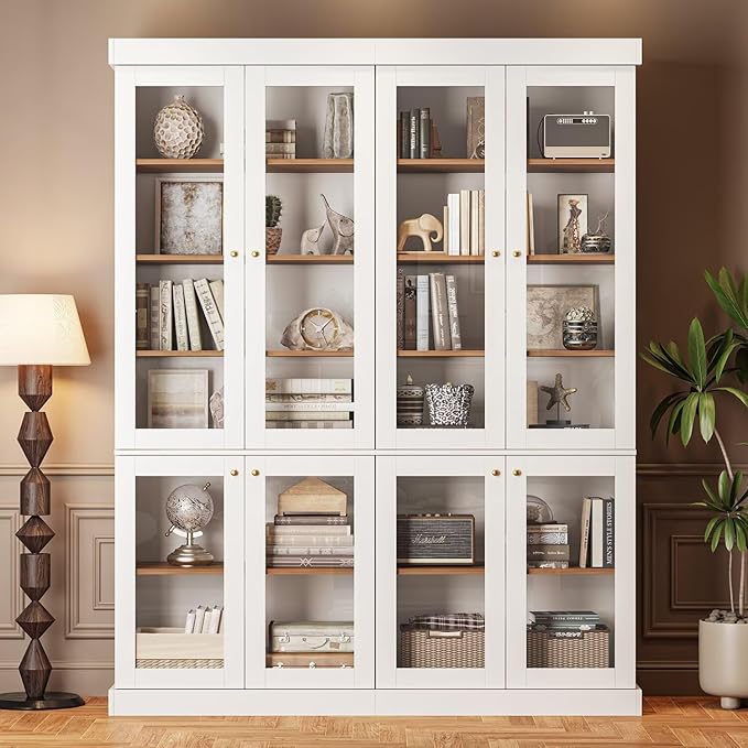 70.8" Tall Farmhouse Kitchen Pantry Cabinet with Glass Doors, Modular Storage Cabinet with 6-Tier Adjustable Shelves, White, Wooden Hutch for Kitchen, Living Room