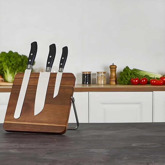 Double-Sided Magnetic Knife Block, Acacia Wood Kitchen Knife Holder, Universal Storage Organizer