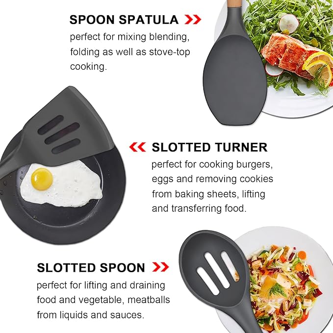 Kitchen Cooking Utensils Set, 6Pcs Silicone Kitchen Utensils Set Spatula Spoon Soup Ladle Turner, Heat Resistant Wooden Handle Silicone Cooking Gadgets for Nonstick Cookware & Baking BPA FREE