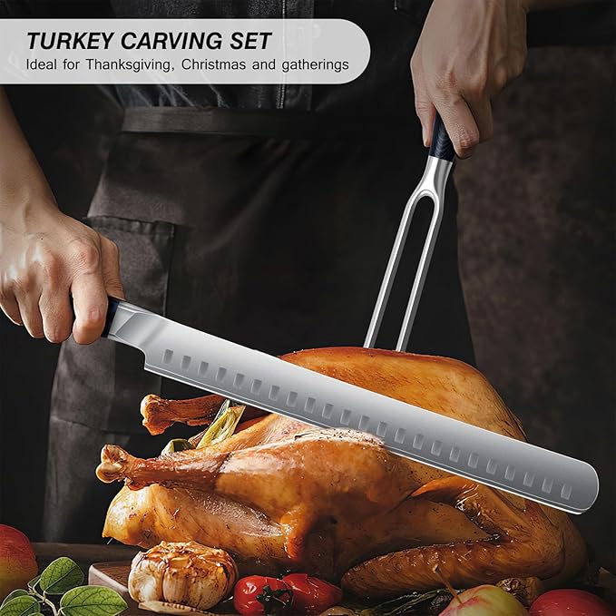 FINTISO BBQ Carving Knife Set, Brisket Slicing Knife and Fork Set, Japanese High Carbon Steel Slicing Knives with G10 Handle, Full Tang Ultra Sharp Meat Cleaver