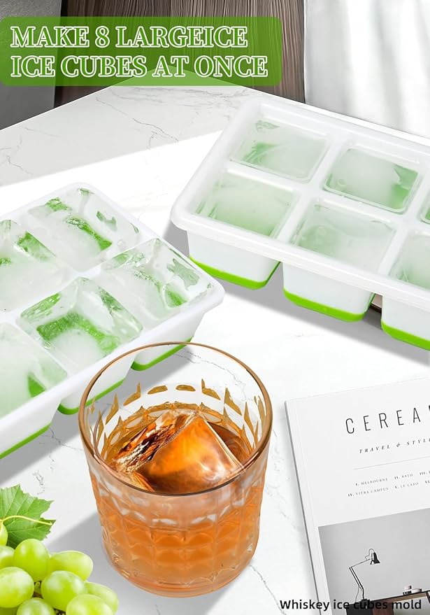 2 INCH Ice Cube Tray with Lid & Bin,Square Large Ice Cube Molds | ice trays for freezer with lid and bin, Silicone Base & Stackable Design, Whiskey Ice Cubes Mold for Coffe,Cocktail,Whiskey