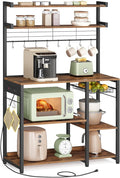 VASAGLE Bakers Rack with Power Outlet, 35.4 Inches Microwave Stand, Coffee Bar, 4 AC Outlets, with Adjustable Shelves, 8 S-Hooks, Basket, Spice Racks, Rustic Brown and Ink Black UKKS031K01