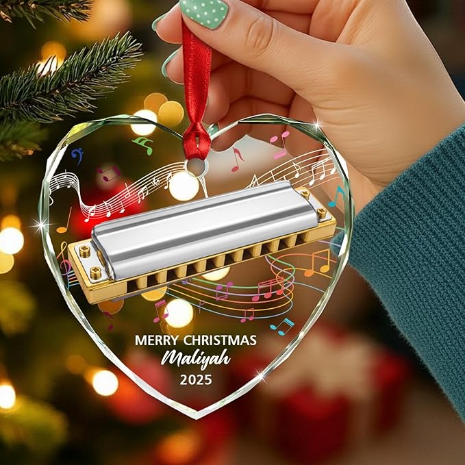 Customized Harmonica Glass Keepsake Ornament, Personalized Text Year Name Harmonica Player Xmas Ornaments Gift for Husband Wife Dad Mom, Unique Harmonicas Glass Christmas Ornament for Appreciation