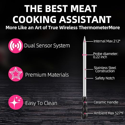 Wireless Smart Meat Thermometer with Bluetooth | Long Range | Measures Internal & Ambient Temp | for BBQ, Oven, Grill, Kitchen, Smoker, Rotisserie