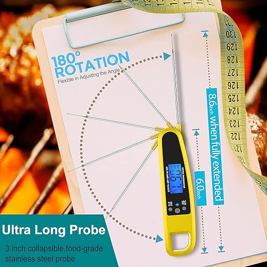 Instant Read Meat Thermometer for Kitchen Cooking, Ultra Fast Precise Waterproof Digital with Backlight, Magnet and Foldable Probe for Food,Deep Fry, Outdoor BBQ, Grill(Yellow)