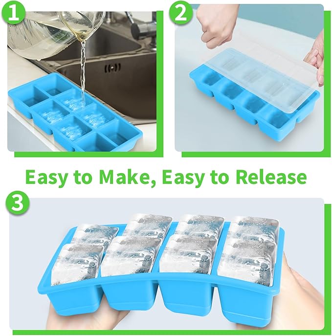 Large Ice Cube Molds 2 Pack, FURNSII Silicone Ice Cube Tray for Freezer with Lid, 8 Giant Square Cubes, Easy Release Stackable Ice Molds for Whisky Cocktails