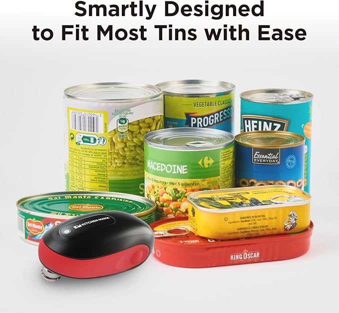 Kitchen Mama One-To-Go Electric Can Opener: One Touch, Auto Stop, Smooth Edge, Lid Lift, Safety, Automatic, Magnetic, Cordless, Battery Operated, Kitchen Appliance for Senior with Arthritis (Red)