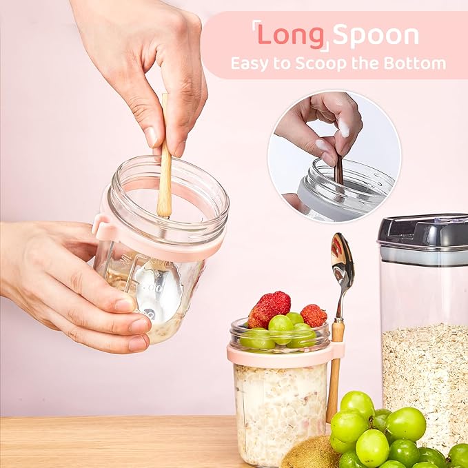 Glass Overnight Oats Containers with Lids and Spoon, 16oz Wide Mouth Mason Jars for Overnight Oats, Cereal, Yogurt, Salad Lunch Container with Measurement Marks - Pink 4 Pack