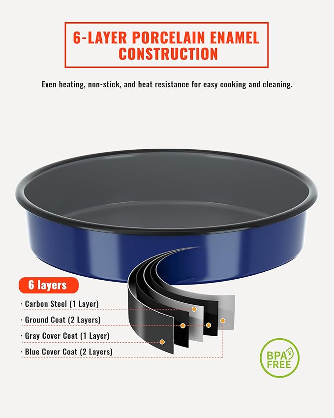 Enamel Round Baking Pan Roasting Dish 10 Inch Non-Stick Cookware for Cake Bread Pie Pizza Roast, Non-Toxic Carbon Steel Oven Dishwasher Safe Thanksgiving Party Gift Bakeware Navy Blue