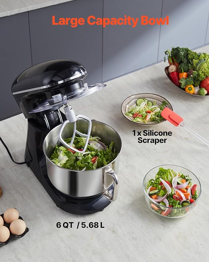 VEVOR Stand Mixer, 6 QT Dough Mixer, 660W 6 + P Speeds Tilt-head Food Mixer with Stainless Steel Bowl, Dough Hook, Wire Whip, Flat Beater, Scraper,Household Stand Mixer for Baking & Mixing, Black