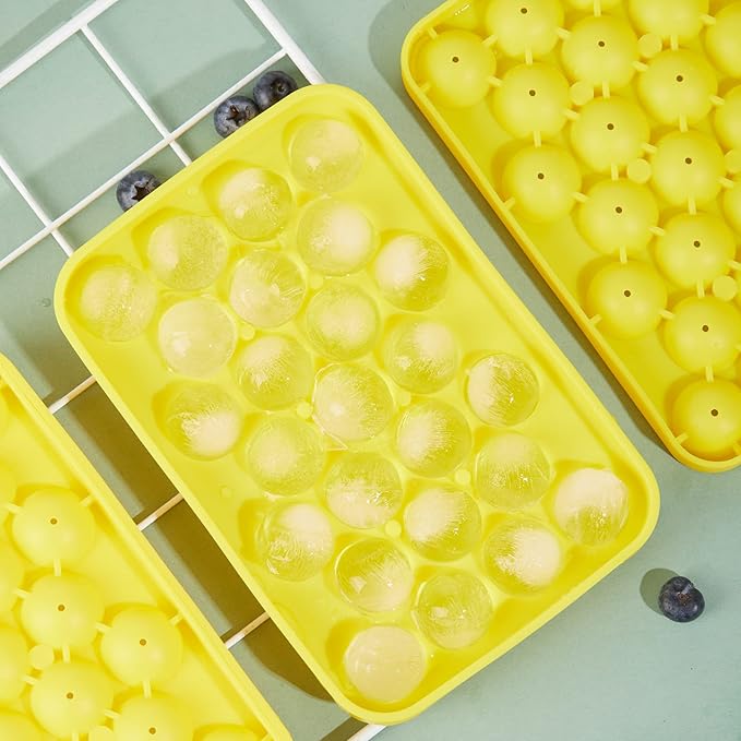 Round Ice Cube Tray 2 Pack BPA Free Silicone Flexible Easy Release 1.1 Inch x 50PCS Small Ice Ball Maker Mold for Whiskey, Cocktail, Chilling (Yellow)