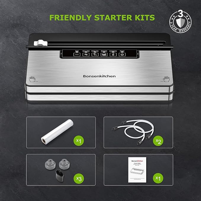 Bonsenkitchen Vacuum Sealer Machine, Powerful Stainless Steel Food Sealer with 5 Modes, Built-in Cutter & Bag Storage,Globefish Technology for High-Speed Continuous Working, Include 1 Bag Roll