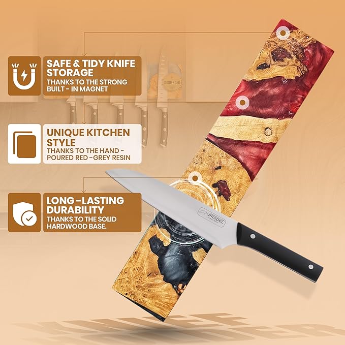 Magnetic Knife Holder for Wall 16 Inch |Premium Wood & Red and Grey Resin| Epoxy Knife Magnetic Strip, Kitchen Knife Block Holder with Strong Magnet, Space-Saving, Handcrafted Style & Easy to Install