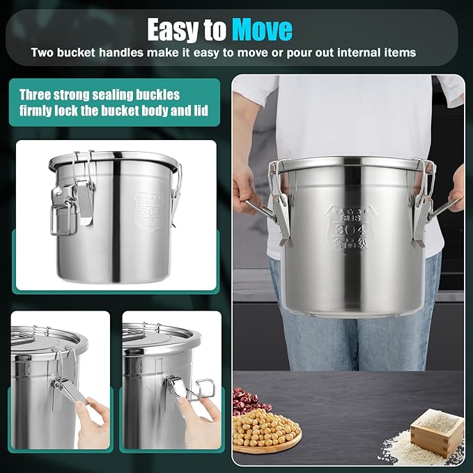 304 Stainless Steel Airtight Canister for Kitchen, 3.2Gal/405oz Flour Container with Lids and Sturdy Locking Clamp, Metal Bucket Food Storage Containers for Rice Flour Coffee Bean Tea