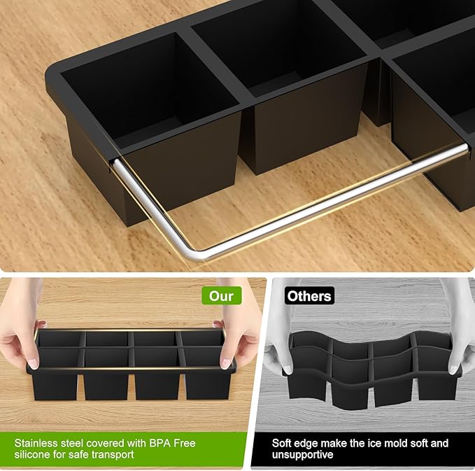 Samuelworld Large Silicone Ice Cube Tray Molds, Big 2 Inch Cubes - Food Grade, Flexible, 8 Cavity Easy Release Slow Melting Ice for Whiskey, Cocktails, Gifts & Christmas - Black (3 Pack)