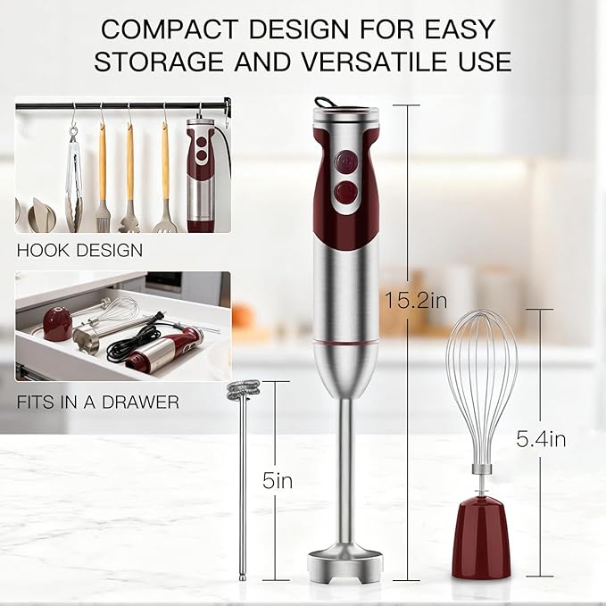 MegaWise 3-in-1 Hand Blender Set with Variable Speed Control, 400W Immersion Blender - Includes Whisk, Milk Frother, Chopper, and Beaker for Smoothies, Soups, and Baby Food (RED)