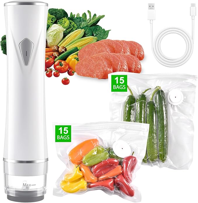 Vacuum Sealer for Food, with 30 Reusable Vacuum Bags, Handheld Vacuum Sealer with Auto-Stop、Detachable Filter and Visible Water Tank, Seal Meal Saver