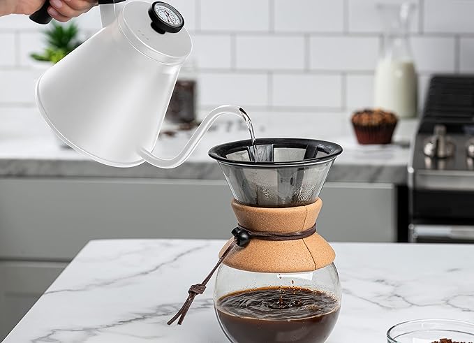Kook Gooseneck Kettle, Kettle Stovetop, with Thermometer, Tea Pot, for Pour Over Coffee & Tea, Temperature Gauge, Electric, Compatible for Gas Stovetop, 3 Ply Stainless Steel Base, 27 oz, (White)