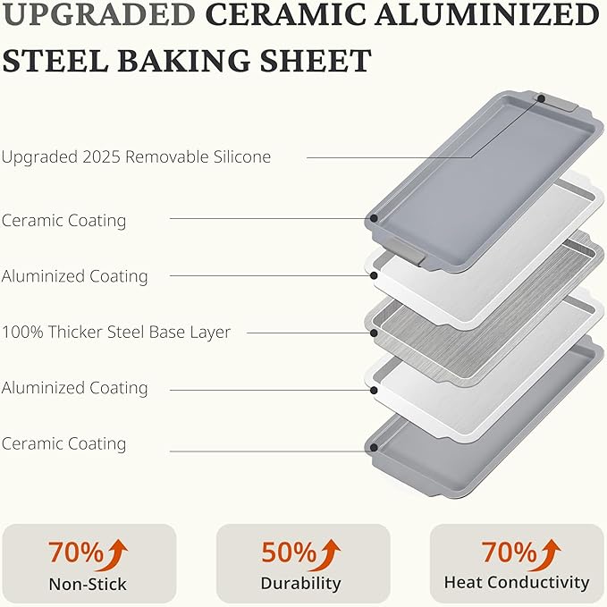 BRONYPRO Non Stick Ceramic Baking Sheet Pan Set of 3, Natural Non Toxic Cookie Sheets for Baking - PFOA, PTFE Free, Aluminized Steel Oven Trays for Cooking with Silicone Handles, Light Gray