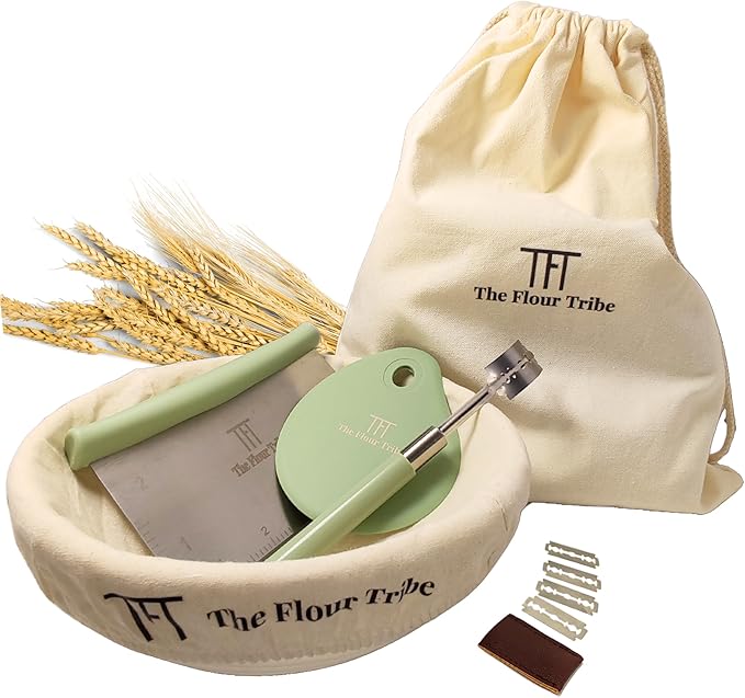 Banneton Bread Proofing Basket Set: Sourdough Starter Kit - 9 inch Round Rattan bowl, Scoring lame, dough scraper, bread bag, Sourdough Bread Baking Supplies Tools - Baking gift set