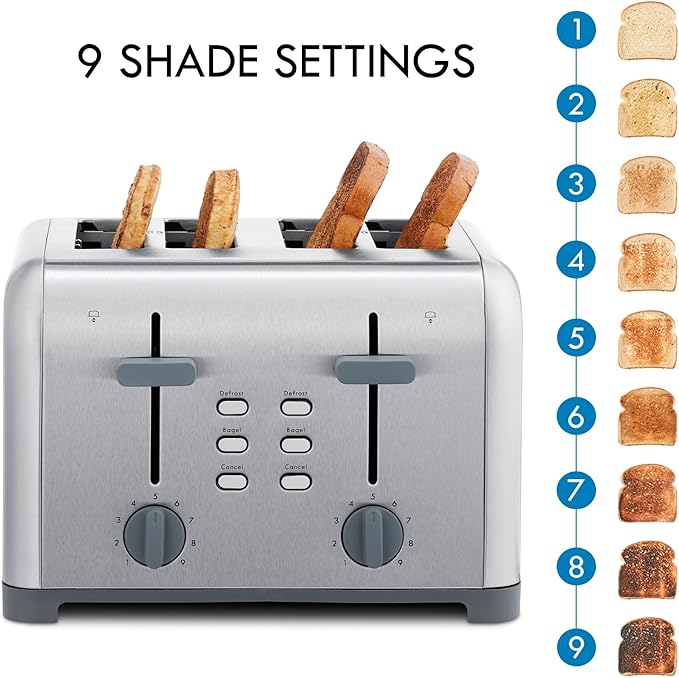 Kenmore Toaster 4 Slice - Extra Wide Slot Countertop Kitchen Appliance, Defrost Function, Grille-Pain, 9 Shade Settings, Compact Design, Easy Clean Crumb Tray, Bread Bagel, Stainless Steel