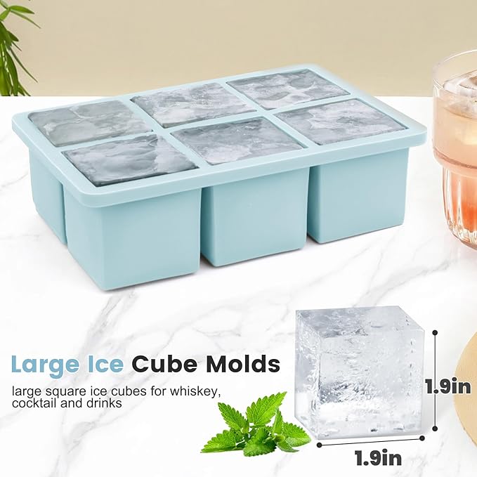 Large Silicone Ice Cube Tray 3Pack, SAWNZC Big Square Ice Cube Molds for Whisky Cocktail, Ice Maker Tray with Lid for Freezer, Easy Release (2, Blue)