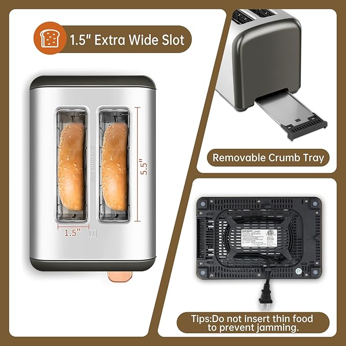 SEEDEEM Toaster 2 Slice, Real Touch Screen with LCD Display, Single-Slice Function, Stainless Steel Toaster, 50% Faster Heating, 1.5" Wide Slots, Removable Crumb Tray, 1350W, Dark Metallic