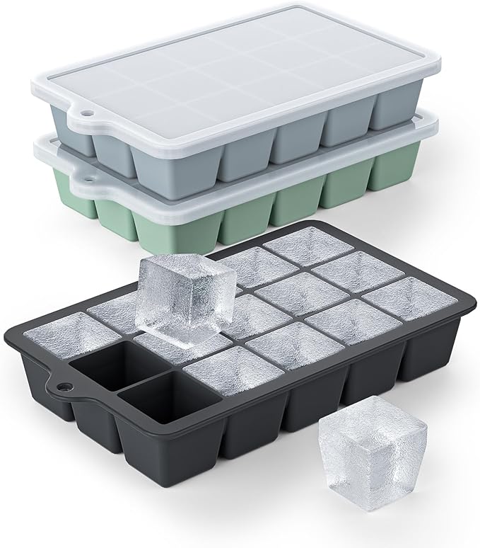 Silicone Ice Cube Tray 3 Pack - Easy Release ice cube tray with lid, BPA Free Ice Cubes Trays for Freezer,ice cube mold for Cocktail,Whiskey (Black+Grey+Mint)