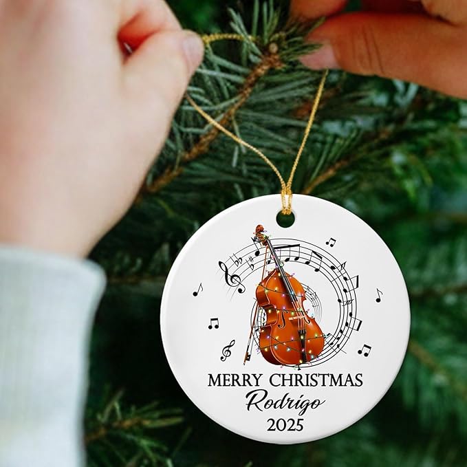 Unique Contrabass Instrument Ceramic Ornament, Customized Text Year Name Contrabassist Ornaments Gift for Women Men Contrabass Player/Lover, Personalized Double Bassist Musical Ceramic Xmas Ornament