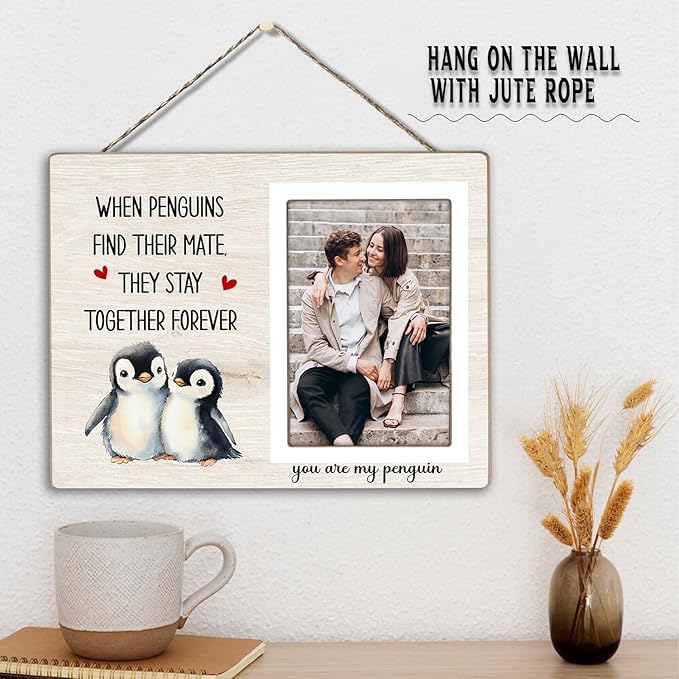 Penguin Gifts, Engagement Picture Frame, Wedding Gifts for Couple, Valentine's Gift for Him Her, Anniversary Couple Gifts, Penguin Love Gifts Photo Frame, fits 4x6 Photo, when Penguins Find Their Mate They Stay Together Forever
