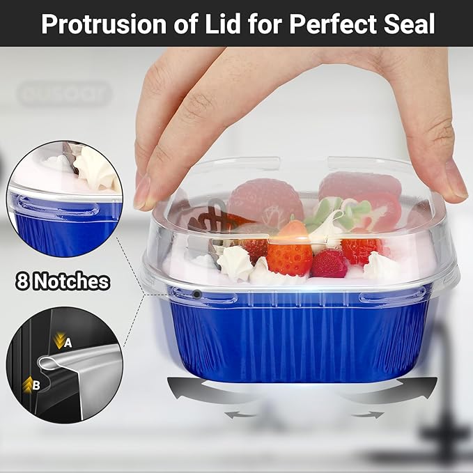 EUSOAR Creme Brulee Ramekins Disposable, 50pcs 10oz Cupcake Liners Foil Baking Cups with Lids, Aluminum Muffin Cups Square Dessert Wrappers Mini Cake Loaf Bread Pans for Wedding Birthday Party
