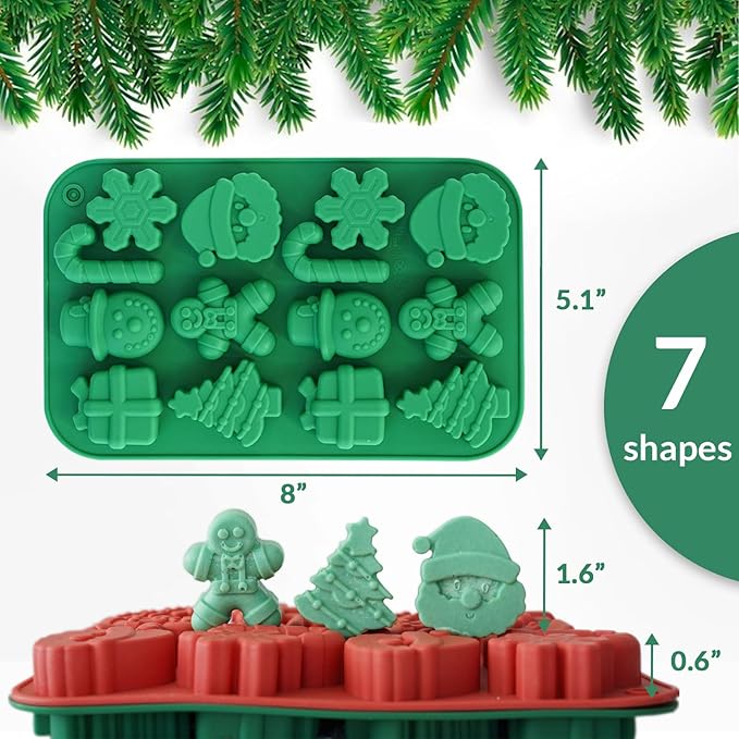 HKNMTT Christmas Silicone Chocolate Molds, 2 PCS Candy Baking Moulds, 3D Snowflake Cane Snowman Xmas Tree Gingerbread Man Santa Claus Gift Box Shape Mold for DIY Handmade Soap Candles Jello