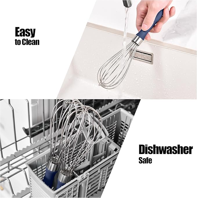 18/8 Stainless Steel Balloon Whisk, Doosu Kitchen Whisk for Cooking Handheld Egg Beater with Rust-Proof Sturdy Wires & Non-Slip Silicone Handle for Beating, Stirring, Blending (6 Wires, Navy Blue)