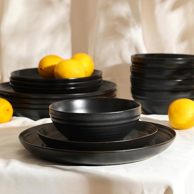 Stone Lain Elio 24-Piece Dinnerware Set Stoneware, Plates and Bowls Set, Dish Set for 8, Black