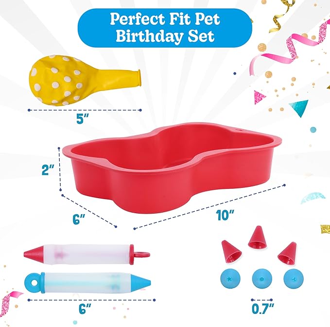 BoneItUp Dog Birthday Cake Kit - Bake Birthday Cakes for Dogs - Dog Party Supplies Set with - Large Cake Mold, 3 Vet-Backed Cake Recipes, 2 Drawing Pens, 10 Balloons, Birthday Hat & Bow
