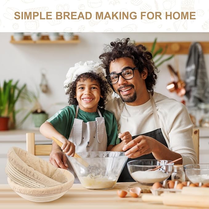 TNELTUEB Bread Proofing Basket Set, Incl 10'' Round & 9.6'' Oval Rattan Banneton, Dough Whisk, Scraper, Lame, Linen - Natural
