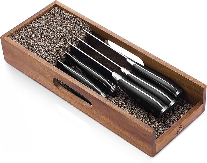 Enoking Knife Drawer Organizer Insert, In Drawer Knife Block, Acacia Wood Knife Holder with Cork Dividers For Kitchen Chef Steak Knife Storage Keep Drawer Tidy (Acacia Wood, 15 x 5.9 x 2.6 In)