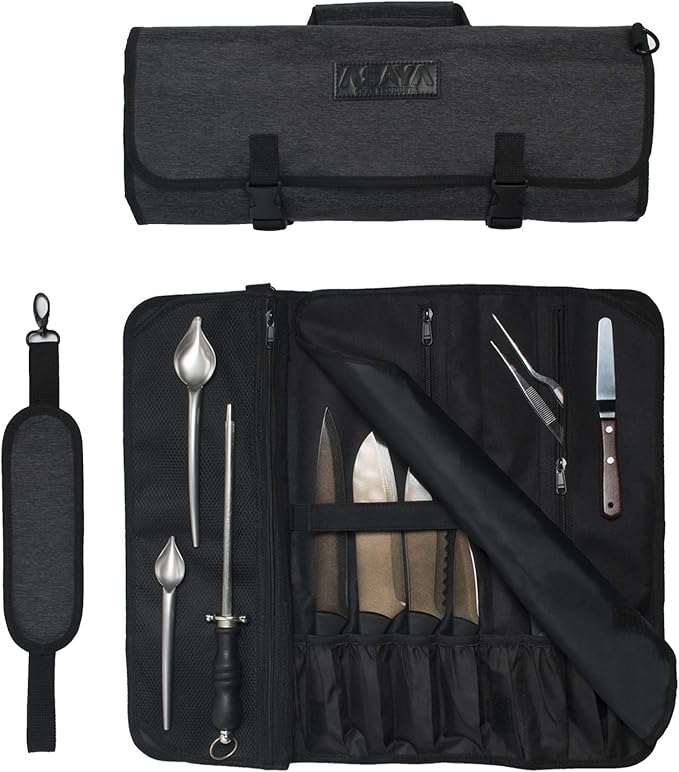 Asaya Chef Knife Roll Bag - 20 Total Pockets for Knives and Kitchen Utensils - Made with Stain Resistant Waxed Nylon - For Chefs and Culinary Students - Knives Not Included(Black)