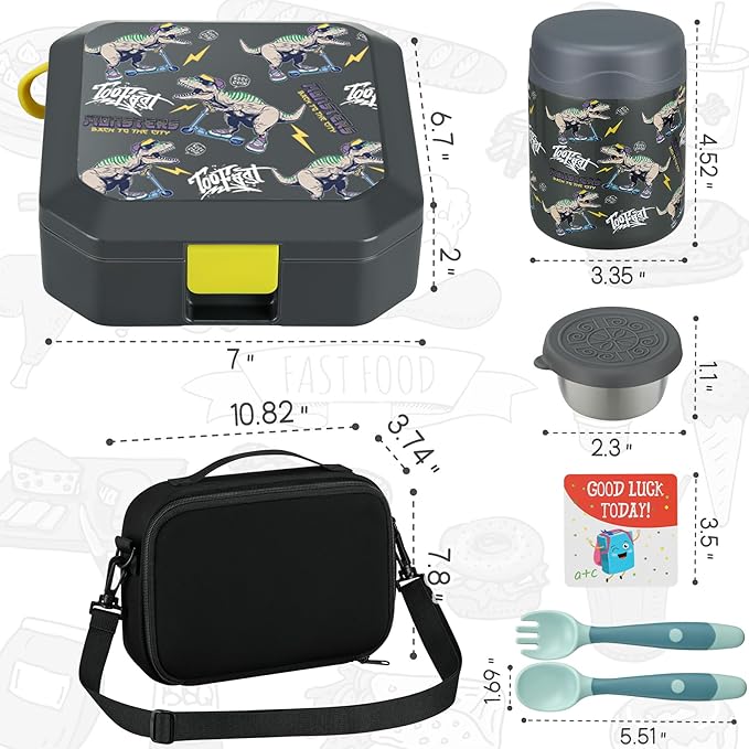 Itslife Bento Lunch Box Set for Kids with 12oz Soup Thermo&Lunch Bag, Leak-Proof Lunch Food Containers for Kids School, 5 Compartment, Sauce Cup, 10 Notes (Grey Dinosaurs)
