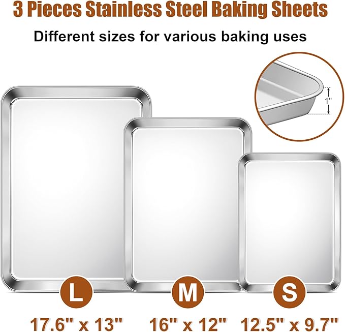 TeamFar Baking Sheet Set of 3, 17.6/16/ 12.5 Inch Stainless Steel Cookie Sheets Baking Pans, Metal Oven Baking Tray for Cooking Roasting Serving, Non-Toxic & Mirror Finish & Dishwasher Safe