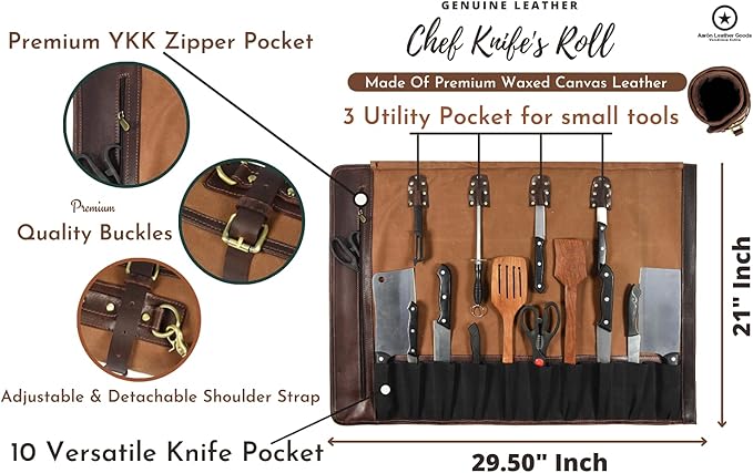 Leather Knife Roll Storage Bag, Elastic and Expandable 10 Pockets, Adjustable/Detachable Shoulder Strap, Travel-Friendly Chef Knife Case (Peanut, Canvas)