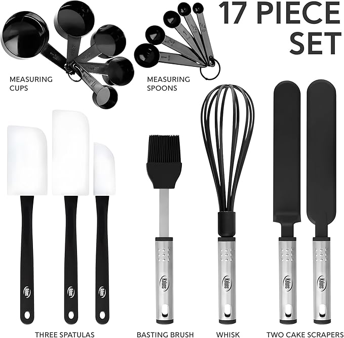 Silicone Spatula Set, 17 Piece Baking Utensils, Nylon and Stainless Steel, Non Stick and Heat Resistant Bakeware set New Baker's Gadget Tools Collection
