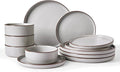 Famiware Nebula Ridge Stoneware Dinnerware Sets, Plates and Bowls Sets for 4, 12 Pieces Dishes Set, Microwave and Dishwasher Safe Kitchen Plates, Light Gray