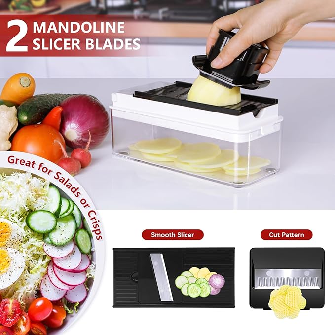 Vegetable Chopper, Onion Chopper Dicer, Mandoline Slicer, Food Chopper with Container, Vegetable Cutter for Salad Potato Carrot Garlic（9 Blades, White Black）