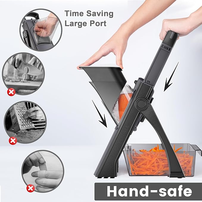 [All in 1] Upgraded Version Safe Mandoline Slicer for Kitchen, Adjustable Thickness. and Spiralizer, Veggie Slicer, Rapid Prep Mandoline, Detachable Blade, Cleaning Brush (Black Knight)