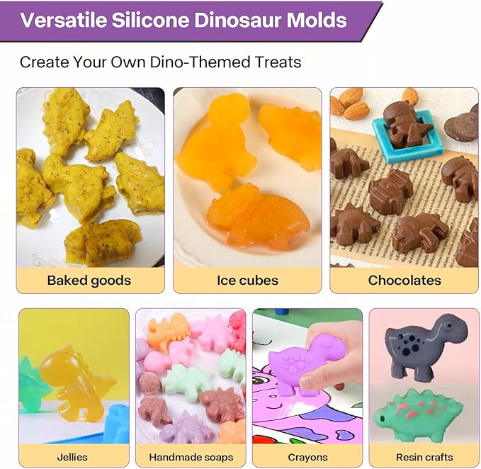 2-Pack Silicone Dinosaur Molds with Lids, Purple Dinosaur Silicone Molds for Chocolate, Baking & Crafting, Multi-Purpose Jello Molds for Kids, Candy, Ice Cubes, Crayons